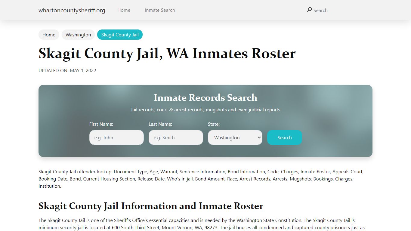 Skagit County Jail, WA Jail Roster, Name Search
